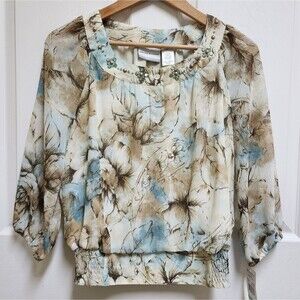 Alfred Dunner Blouse Womens 8P Brown Blue Floral Embellished Sheer 3/4 Sleeve